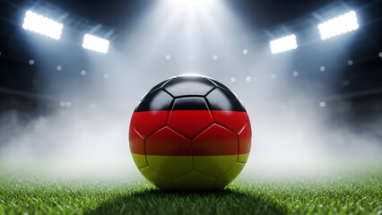 Naklejka premium Germany Flag Soccer Ball on Grass Field Under Bright Stadium Lights at Night