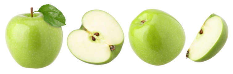 green apple with leaves (granny smith apple), half and slice isolated, transparent PNG, PNG format , collection, set