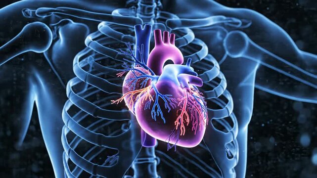 Detailed medical illustration of a human heart with coronary arteries inside rib cage