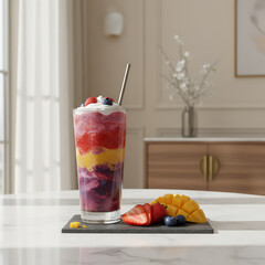 Healthy Berry and Mango Smoothie with Fresh Fruits on Table