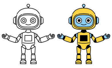 Cute Bipedal Robot Line Art and Color Illustration Set