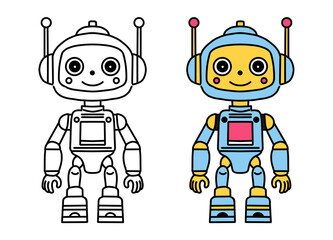 Cute Bipedal Robot Line Art and Color Illustration Set