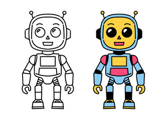 Cute Bipedal Robot Line Art and Color Illustration Set