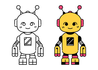 Cute Bipedal Robot Line Art and Color Illustration Set