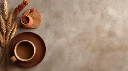 Minimalist workspace flat lay with raw concrete desk