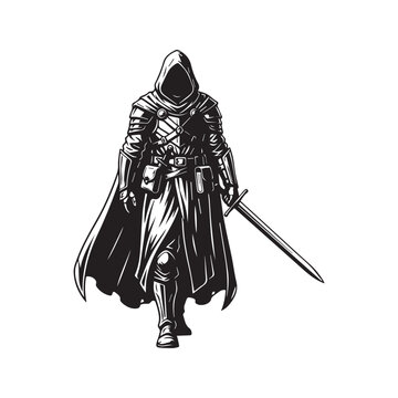 Epic fantasy warrior in a hood and armor, holding a sword. Mysterious medieval knight or assassin character silhouette, black and white vector illustration.
