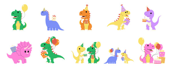 Set of Cute cartoon dinosaurs celebrating a birthday party with gifts, balloons, and cakes, perfect for children's events and invitations © Fann Studio