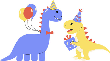 Cute cartoon dinosaurs celebrating a birthday party with balloons and a gift, isolated on white background