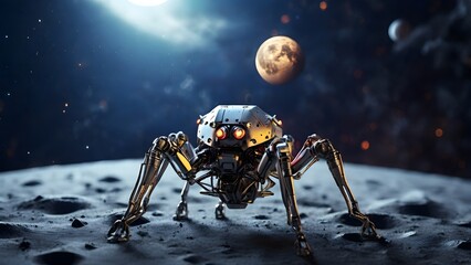 A sixlegged spider robot explores the moon Created with Generative AI technology