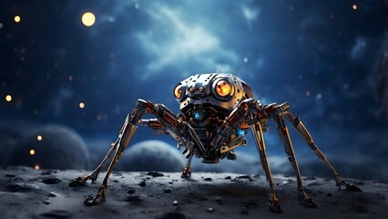 A sixlegged spider robot explores the moon Created with Generative AI technology