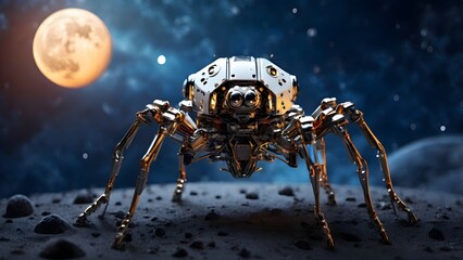 A sixlegged spider robot explores the moon Created with Generative AI technology