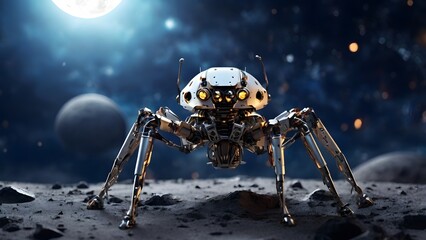 A sixlegged spider robot explores the moon Created with Generative AI technology