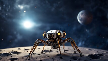 A sixlegged spider robot explores the moon Created with Generative AI technology