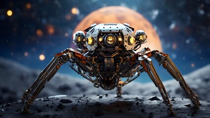 A sixlegged spider robot explores the moon Created with Generative AI technology