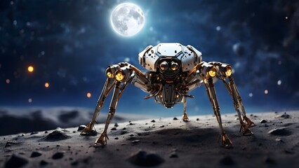 A sixlegged spider robot explores the moon Created with Generative AI technology