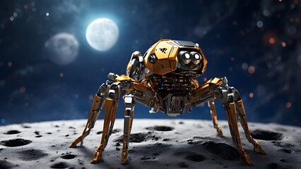 A sixlegged spider robot explores the moon Created with Generative AI technology