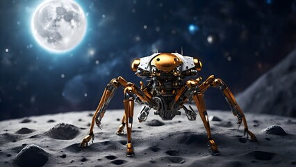 A sixlegged spider robot explores the moon Created with Generative AI technology