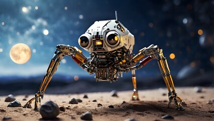 A sixlegged spider robot explores the moon Created with Generative AI technology