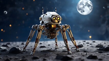 A sixlegged spider robot explores the moon Created with Generative AI technology
