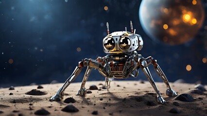 A sixlegged spider robot explores the moon Created with Generative AI technology