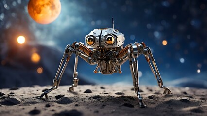 A sixlegged spider robot explores the moon Created with Generative AI technology