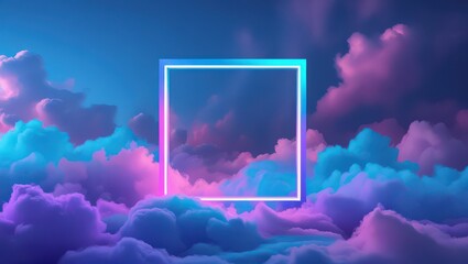Abstract neon frame floating above a sea of vibrant ethereal clouds in gradient pastel colours creating a futuristic dreamy atmosphere