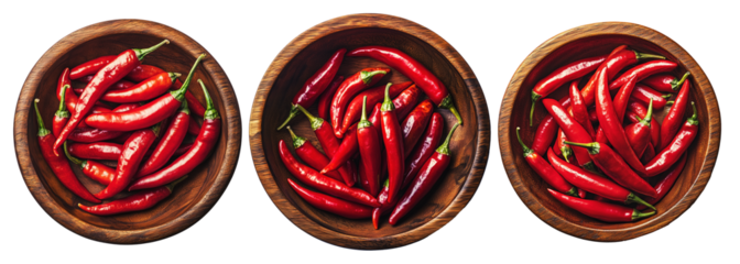 Red chili peppers in a wooden bowl isolated on a white transparent background. Spicy food and cooking ingredient concept
