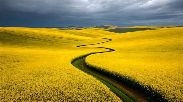 Winding path through vibrant canola field under stormy sky