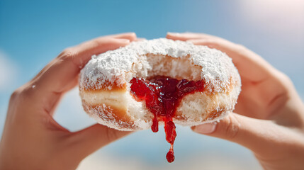 Hands holding a powdered sugar donut with jam filling