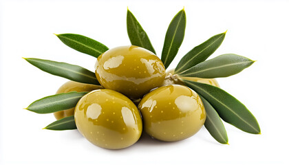 Green olives with leaves isolated on a white background