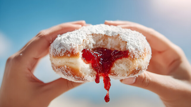 Hands holding a powdered sugar donut with jam filling