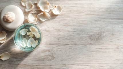 Coastal Zen workspace flat lay with light wood desk,