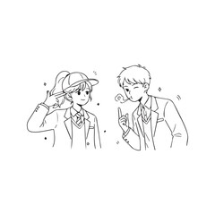 Line drawing of a young couple flirting playfully where a boy makes a finger gun gesture and a shy girl covers her face, symbolizing innocent teen romance.
