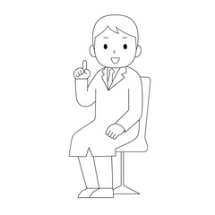 椅子に座り、指を一本立ててアドバイスや説明をしている男性医師（白黒線画）