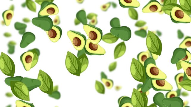 Seamless Falling Avocado Halves and Leaves on White Background