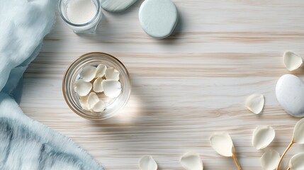  Top down tranquil desktop mockup with ash wood surface, breathing space, aqua cream palette, floating flower bowl and minimalist decor