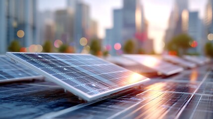 Solar panel array on modern rooftop with soft glowing energy flow above panels, morning sunlight, shallow depth of field, minimal city background