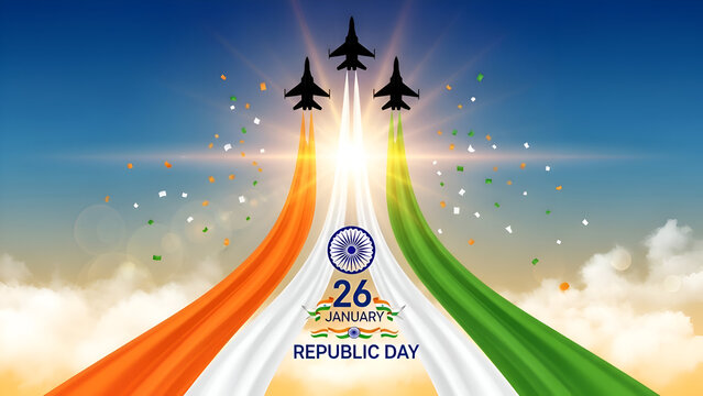 Indian tricolor theme with jet planes soaring in sky and bright celebration scene representing 26 January Republic pride and Independence spirit in India concept with vibrant colors for patriotic 