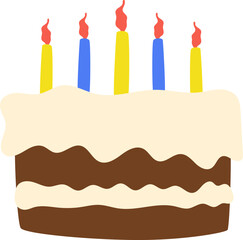 Simple cartoon illustration of a chocolate birthday cake with white frosting and five lit candles, perfect for celebrations and party themes