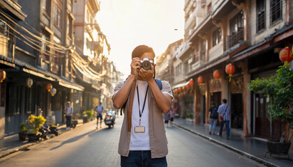 person taking photograph with camera on street lined with buildings and lanterns.