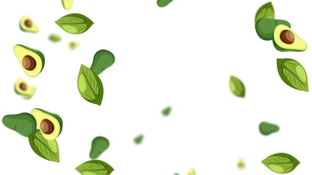 Seamless Falling Avocado Halves and Leaves on White