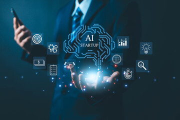 Futuristic AI startup concept featuring a glowing digital brain above a hand a businessman interacts with the device, surrounded by icons of analytics, global technology, and business strategy.