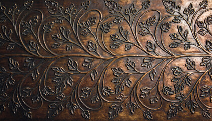 intricate carved wooden panel with leafy vine patterns and warm brown tones.
