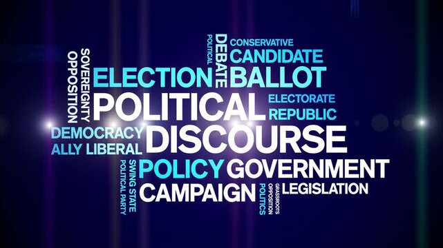 Political Discourse animated word cloud-text design animation tag kinetic typography seamless loop.