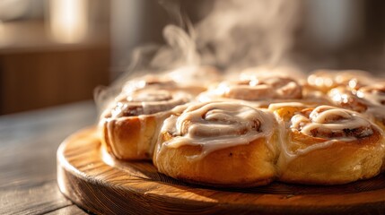 Hot cinnamon rolls steam on a wooden board with sweet icing
