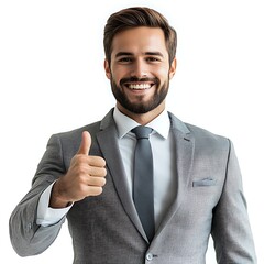 A handsome man wearing a gray suit with a thumbs up sign