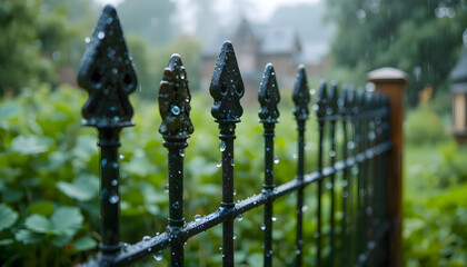 Wrought iron fence with raindrops in front of a house creating a decorative and elegant exterior suitable for architecture, property, and outdoor photography capturing rain effects