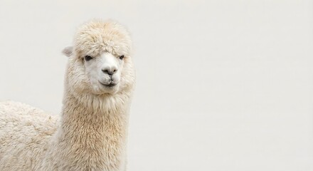 Fototapeta premium Close-up portrait of a cute white fluffy alpaca looking directly at the camera on a plain background.