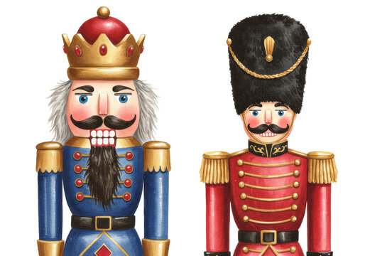 highly detailed watercolor illustration of a majestic wooden nutcracker king and guard in ornate uniforms, soft light highlighting the wet-on-wet texture against white. concept of traditional