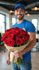man wearing blue t-shirt holds bouquet of red roses with joyful smile, in bright, daytime indoor setting, evoking love and happiness, joyful family moment, celebration, romance, gift, Valentines Day